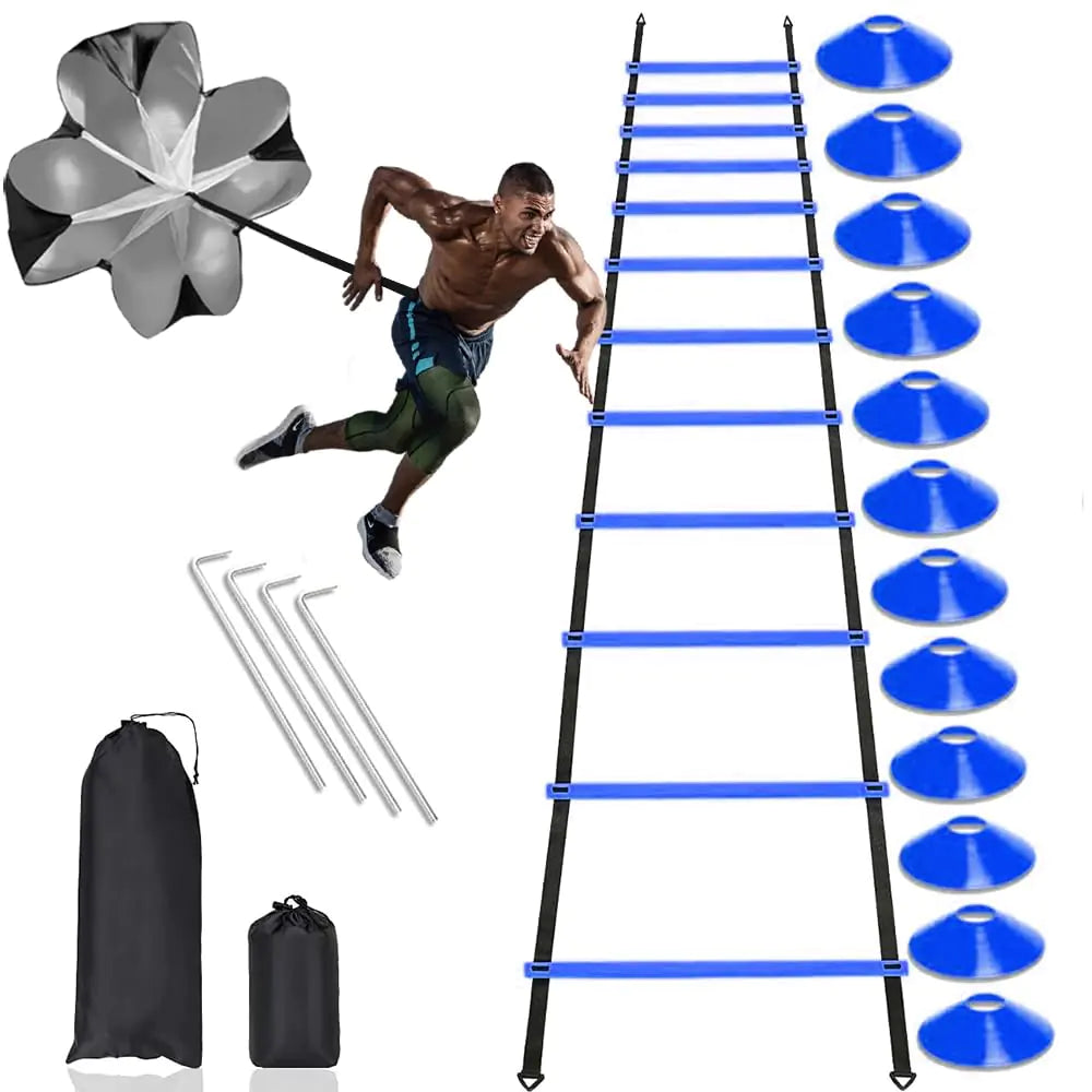 Football Training Equipment | Speed Agility Training Set Including 1 Agility Ladder 4 Steel Piles12 Disc Cones 1 Resistance Umbrella .| for Athletes/Sports Including Football & Basketball(Blue)